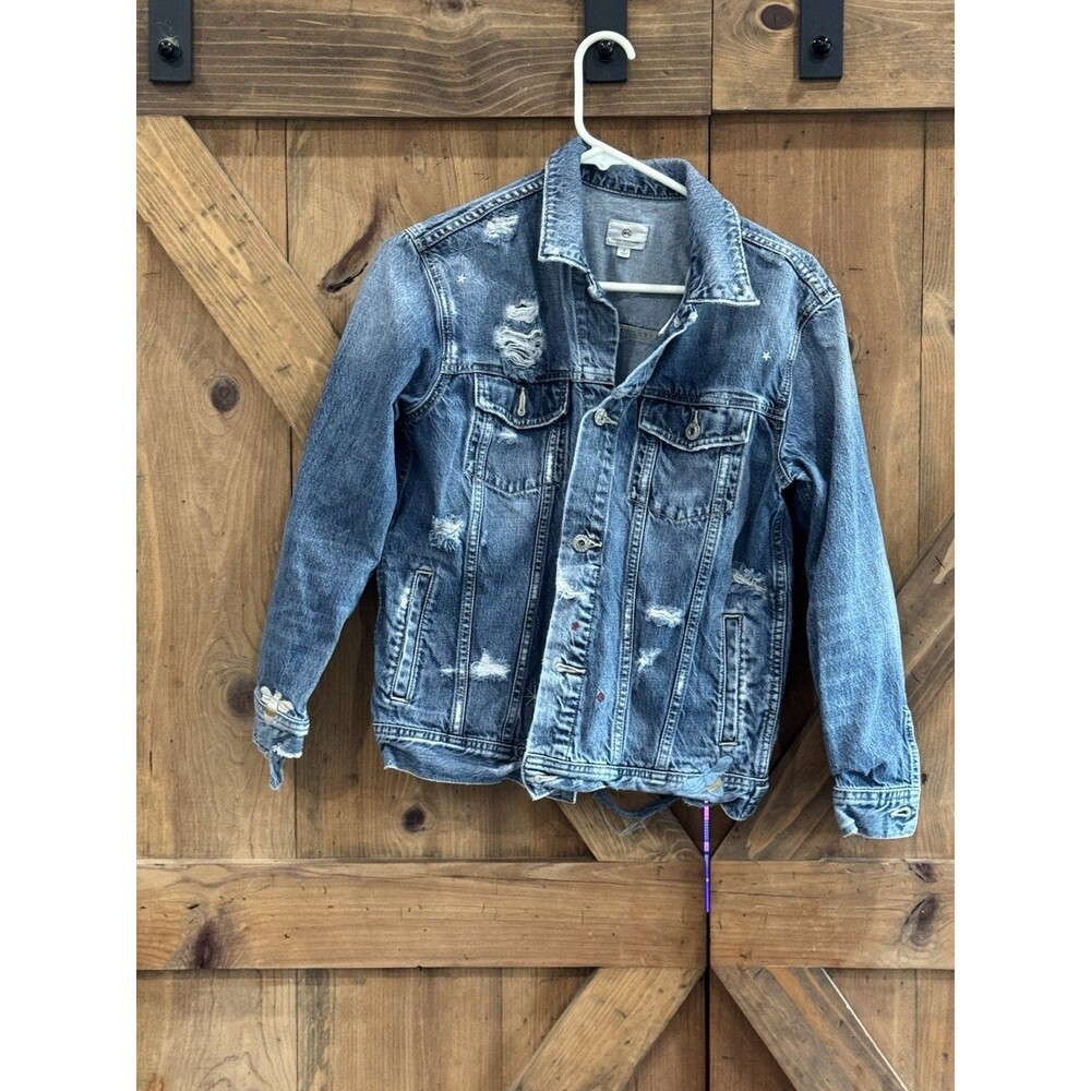 Adriano Goldschmied AG Women's Sz S Ripped Denim Jacket  Embroidered Stars  Bugs